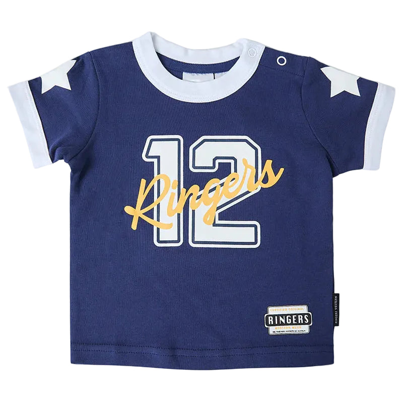 A navy blue baby t-shirt with white and yellow graphics. The front features a large white number '12' outlined in black, overlaid with the word 'Ringers' in yellow script.