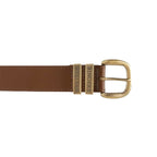 A close-up of a tawny brown Ringers Western James Belt (419222065) with a gold toned metal buckle, featuring embossed branding on the keepers.