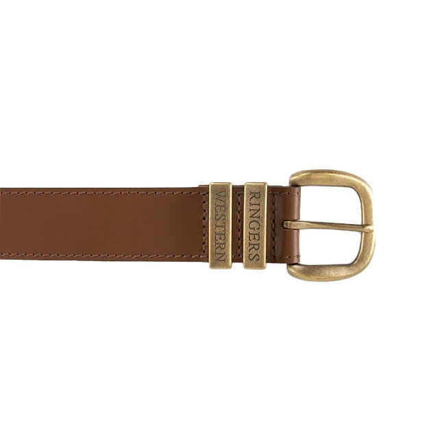 A close-up of a tawny brown Ringers Western James Belt (419222065) with a gold toned metal buckle, featuring embossed branding on the keepers.