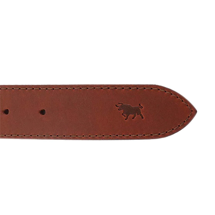 A close-up of a tawny brown Ringers Western James Belt (419222065) with an embossed bull on the tail.