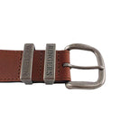 A close-up of a tawny brown Ringers Western James Belt (419222065) with a silver toned metal buckle, featuring embossed branding on the keepers.