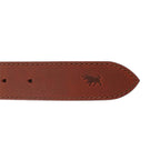 A close-up of a tawny brown Ringers Western James Belt (419222065) with an embossed bull on the tail.