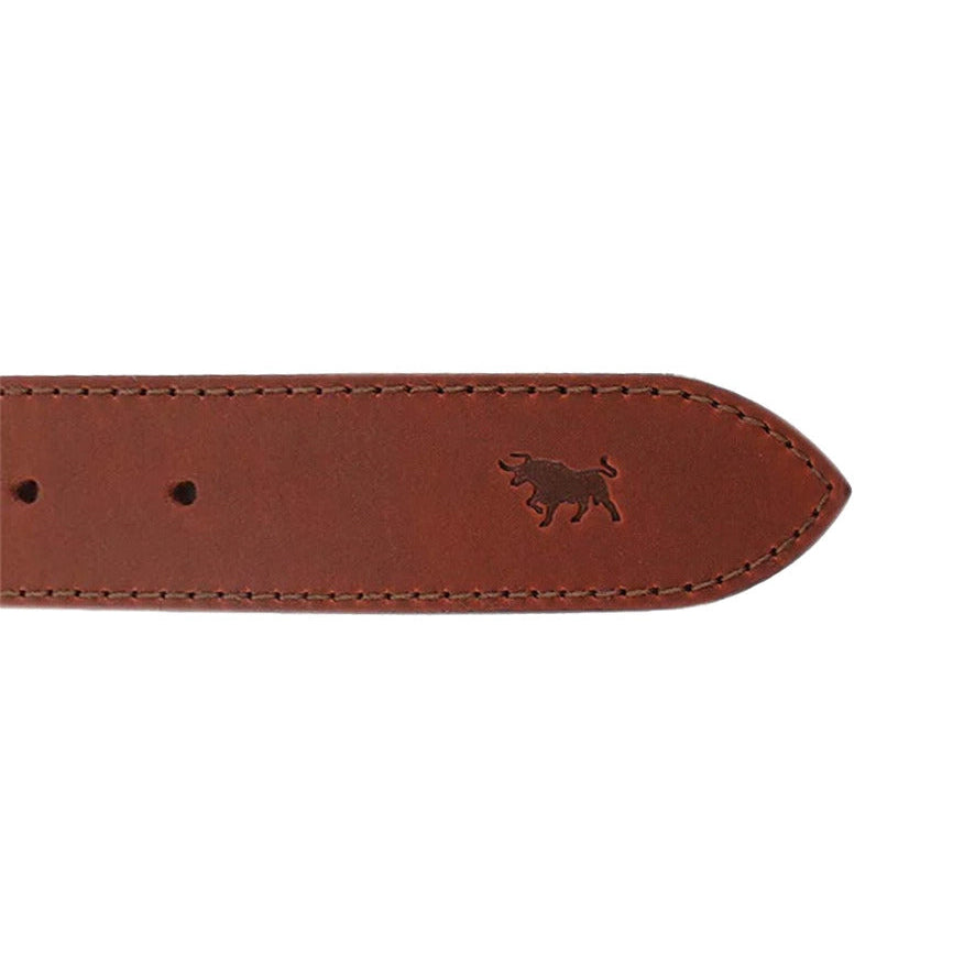 A close-up of a tawny brown Ringers Western James Belt (419222065) with an embossed bull on the tail.