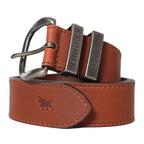 A close-up of a tawny brown Ringers Western James Belt (419222065) with a silver toned metal buckle, featuring embossed branding on the keepers.