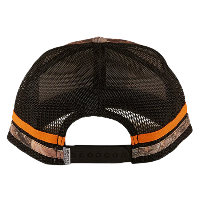 A camouflage/orange Ringers Western McCoy Trucker Cap (722038RW) with mesh back and orange accents on a white background.