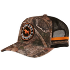 A camouflage/orange Ringers Western McCoy Trucker Cap (722038RW) with mesh back and orange accents on a white background.