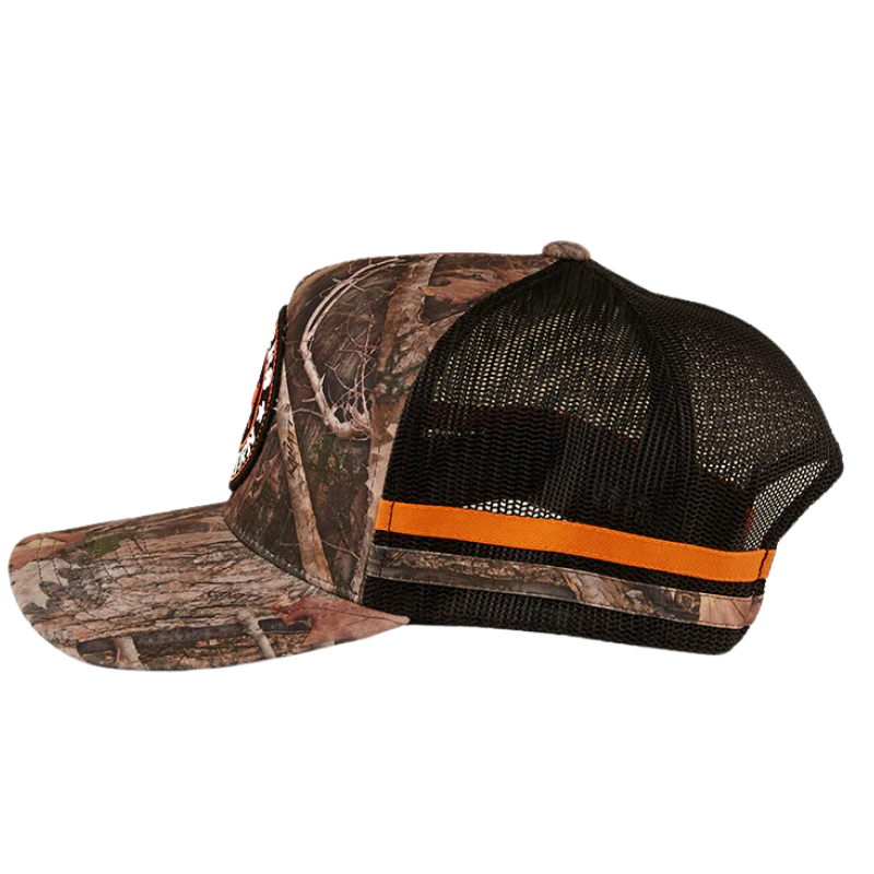 A camouflage/orange Ringers Western McCoy Trucker Cap (722038RW) with mesh back and orange accents on a white background.