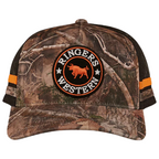 A camouflage/orange Ringers Western McCoy Trucker Cap (722038RW) with mesh back and orange accents on a white background.