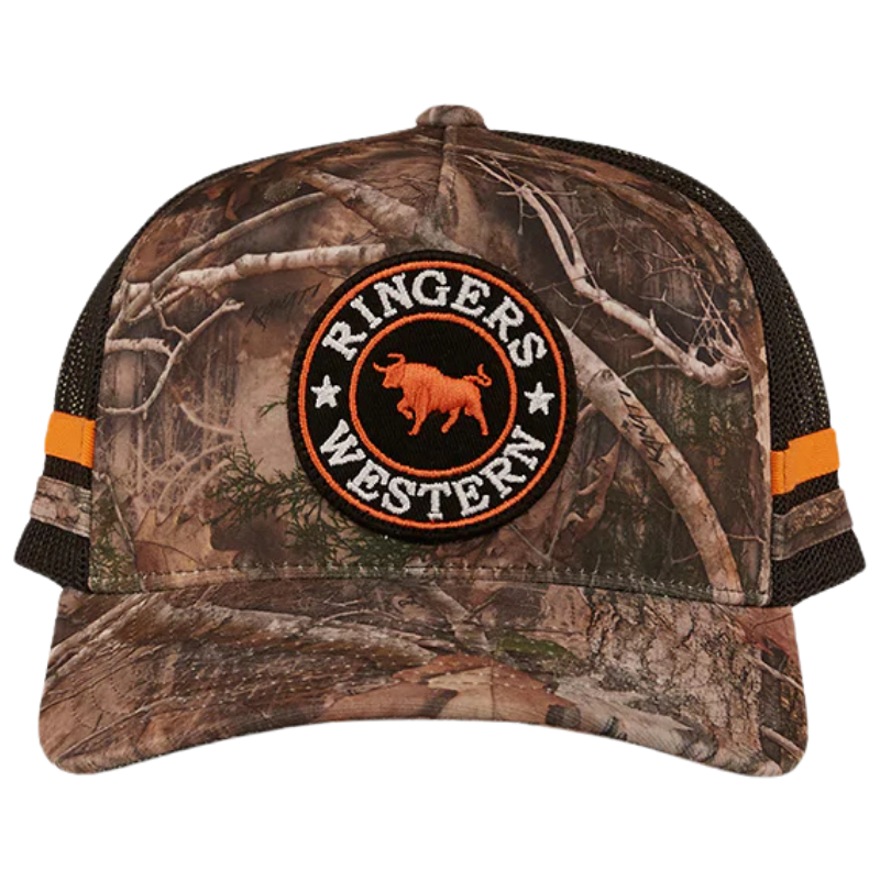 A camouflage/orange Ringers Western McCoy Trucker Cap (722038RW) with mesh back and orange accents on a white background.