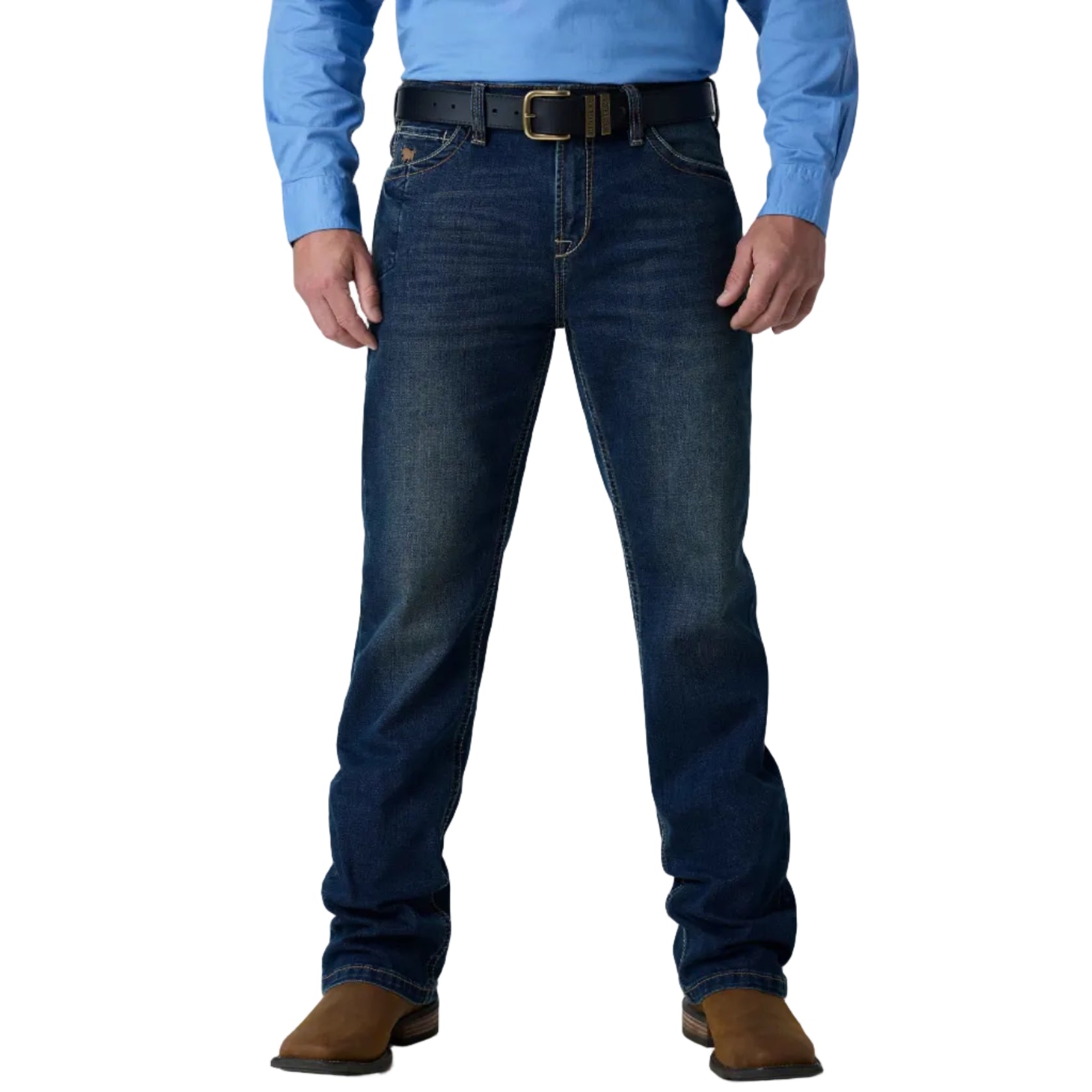 A person wearing dark blue denim jeans with a black belt and brown boots, shown from the waist down against a white studio background.