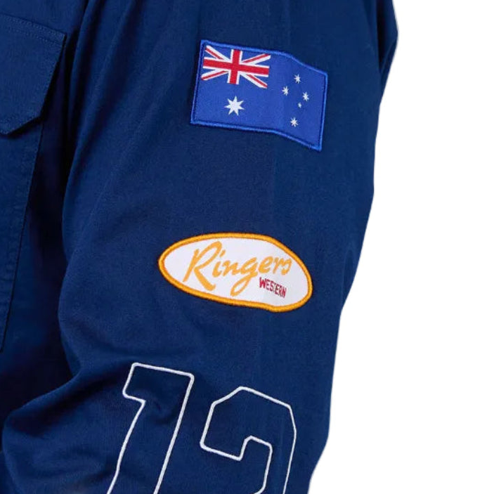 Navy blue shirt with Australian flag patch and 'Ringers Western' logo on a white background