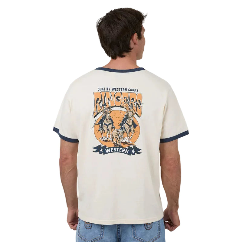 Man wearing an off white t-shirt with a graphic design on the back, standing against a white background