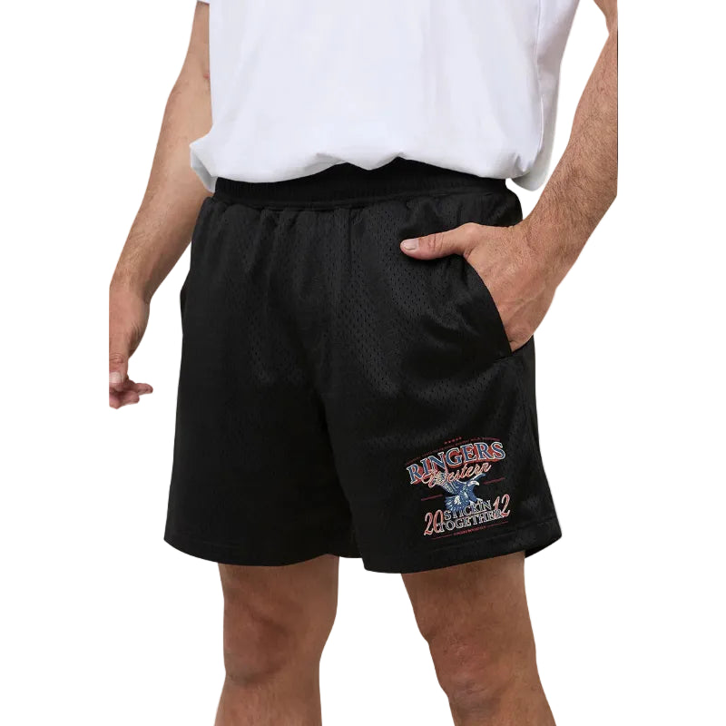 Black athletic mesh shorts with a graphic on the lower leg, shown on a model wearing a white t-shirt.