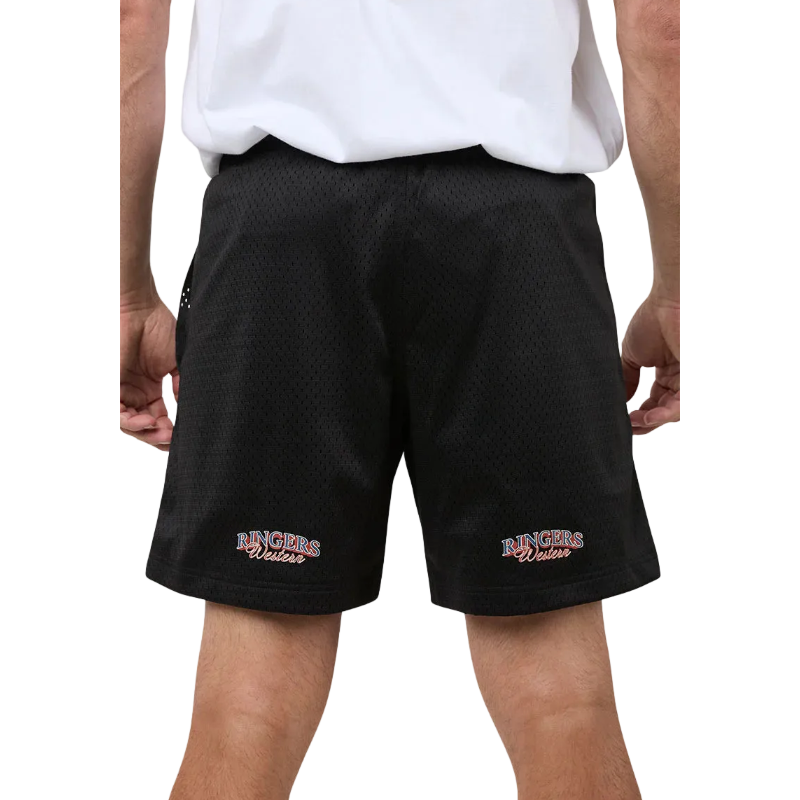 Black shorts with embroidered logos worn by a person on a plain background