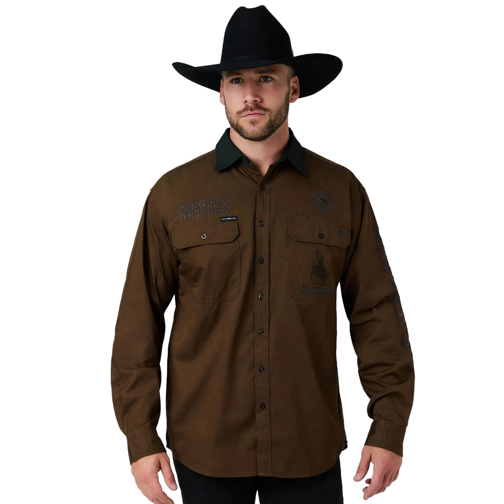 Ringers Western Mens Hawkeye Contrast Collar Full Button L/S Work Shirt (125206RW)  Saddle Brown
