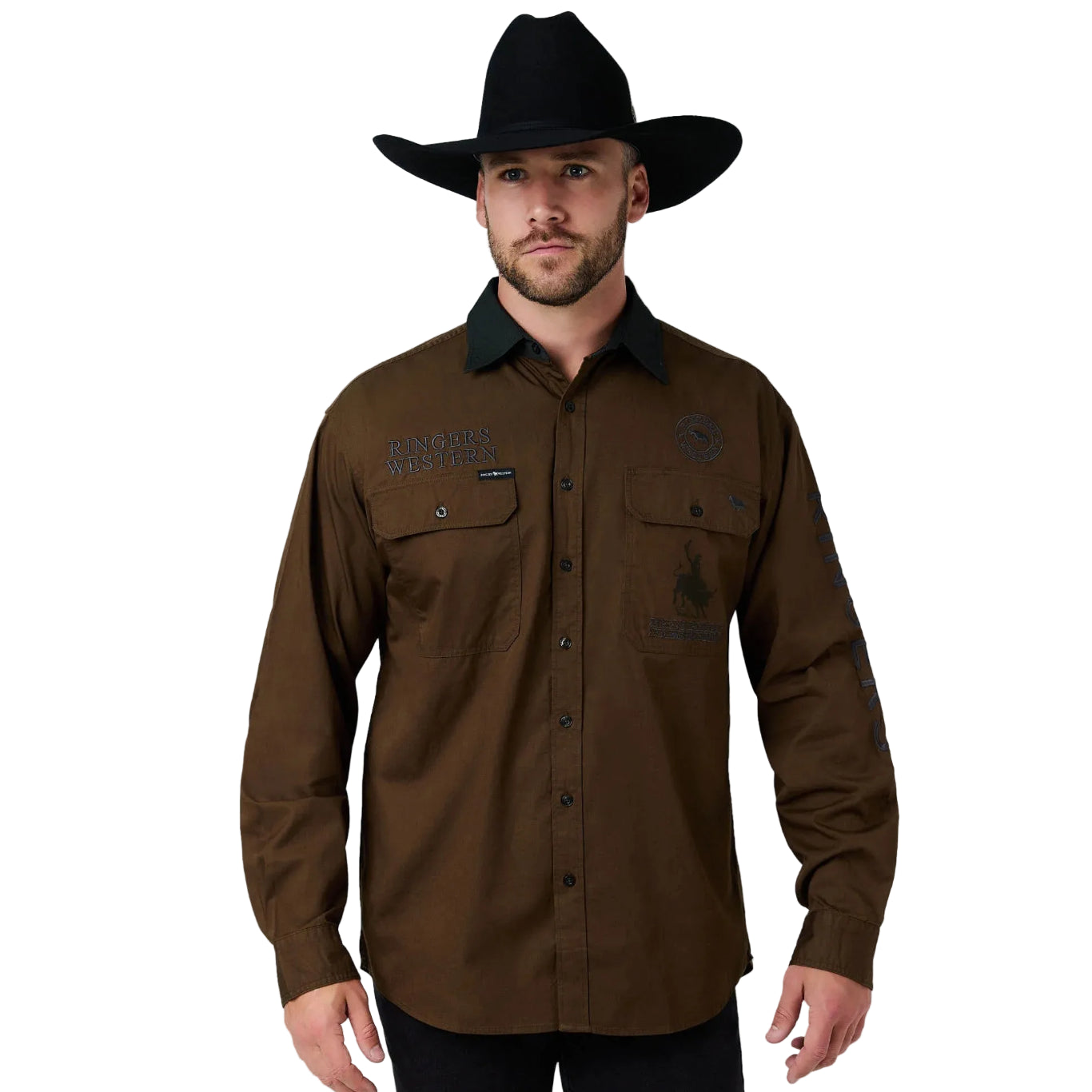 Ringers Western Mens Hawkeye Contrast Collar Full Button L/S Work Shirt (125206RW)  Saddle Brown