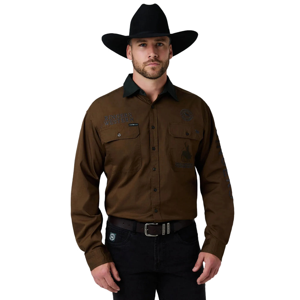 Ringers Western Mens Hawkeye Contrast Collar Full Button L/S Work Shirt (125206RW)  Saddle Brown
