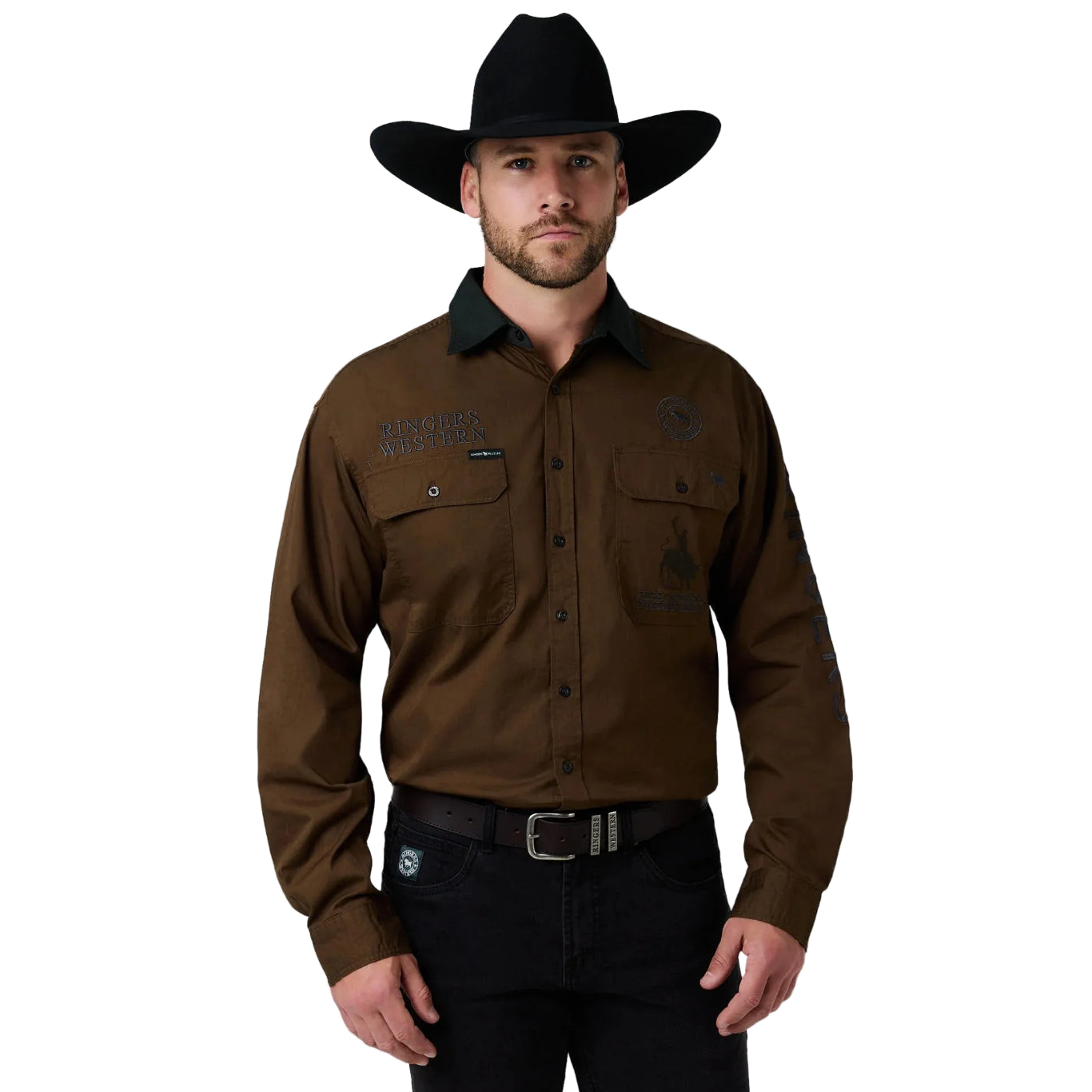 Ringers Western Mens Hawkeye Contrast Collar Full Button L/S Work Shirt (125206RW)  Saddle Brown