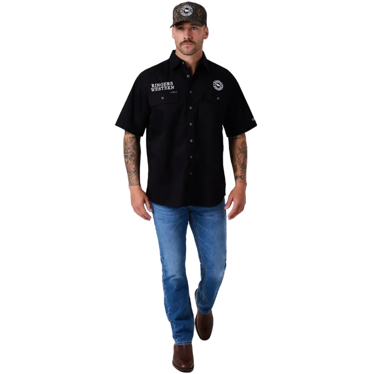 Ringers Western Mens Hawkeye Full Button S/S Work Shirt (125142RW) Black Camo