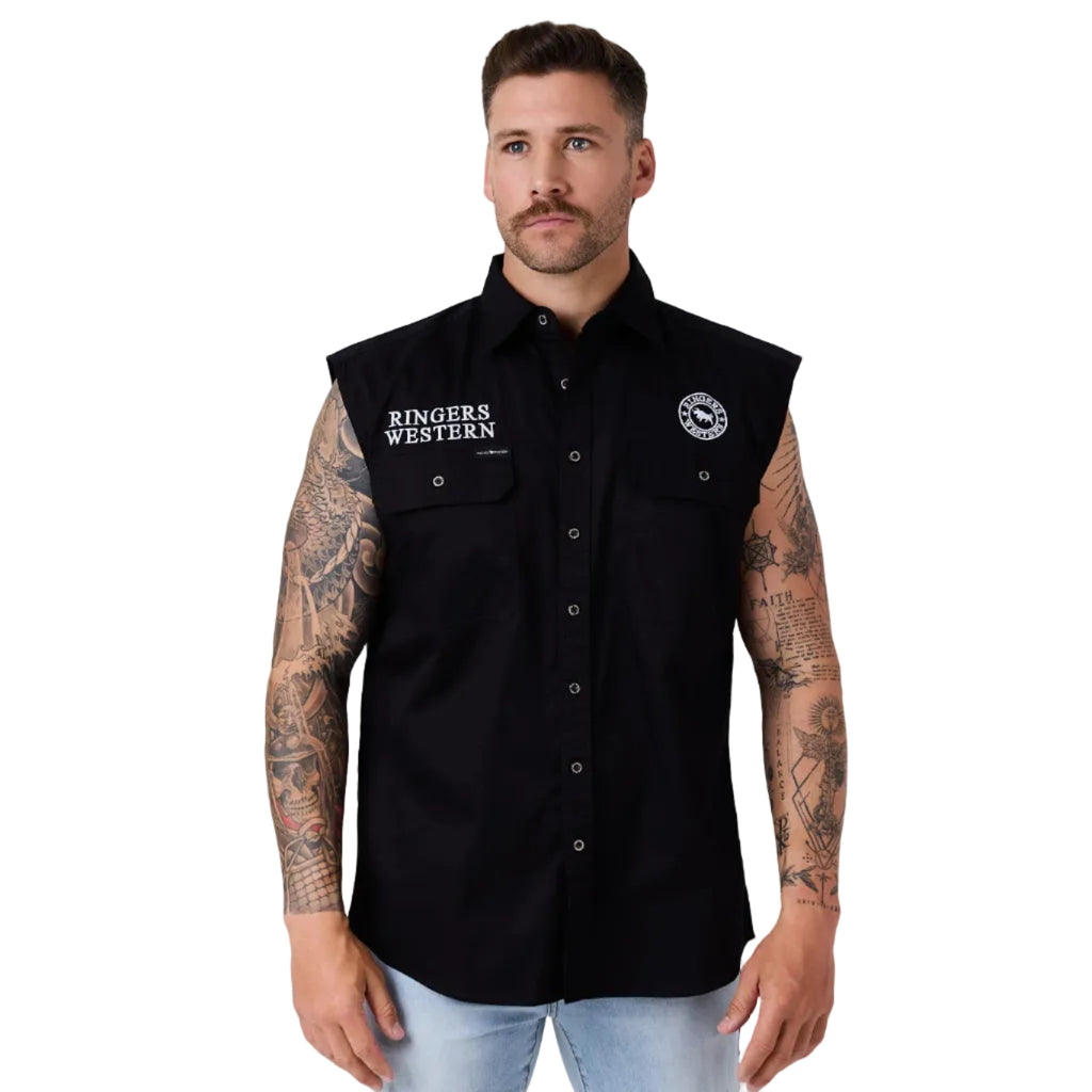 Ringers Western Mens Hawkeye Full Button Sleeveless Work Shirt (125143RW) Black Camo