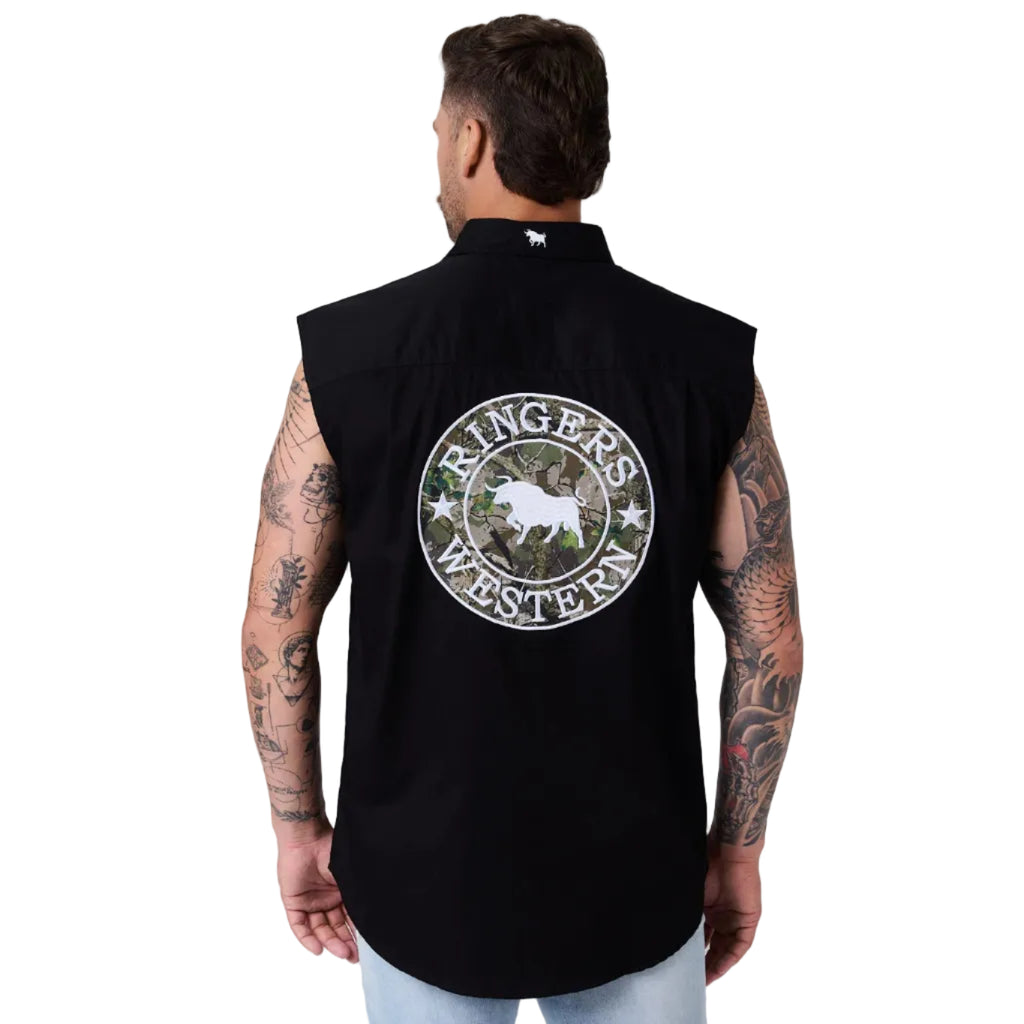 Ringers Western Mens Hawkeye Full Button Sleeveless Work Shirt (125143RW) Black Camo