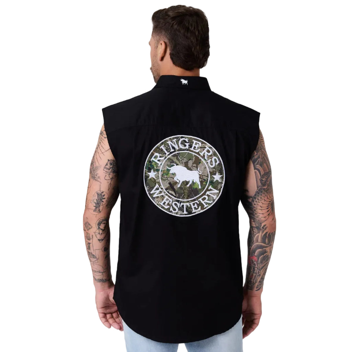 Ringers Western Mens Hawkeye Full Button Sleeveless Work Shirt (125143RW) Black Camo