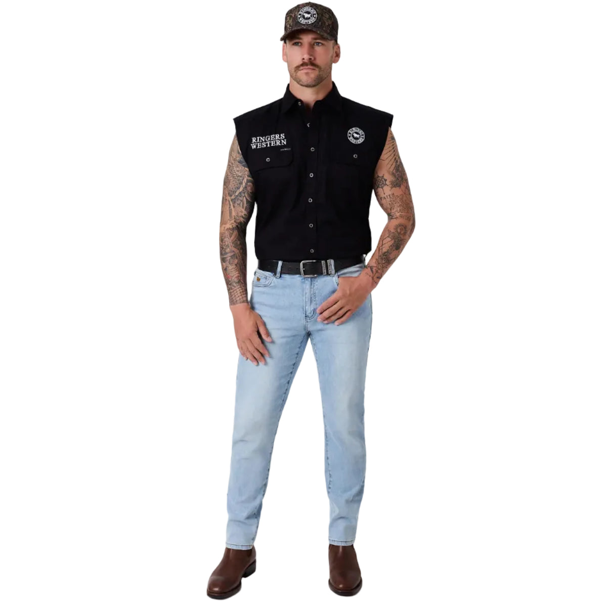Ringers Western Mens Hawkeye Full Button Sleeveless Work Shirt (125143RW) Black Camo