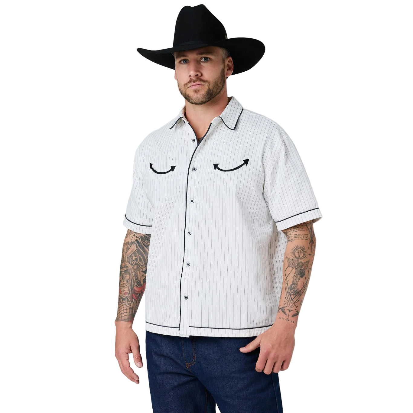Ringers Western Mens Most Wanted Box Fit Button Up S/S Shirt (125202RW)  White/Charcoal