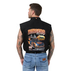 Man wearing a black sleeveless shirt with 'Ringers Racing' design on the back, standing against a plain background.