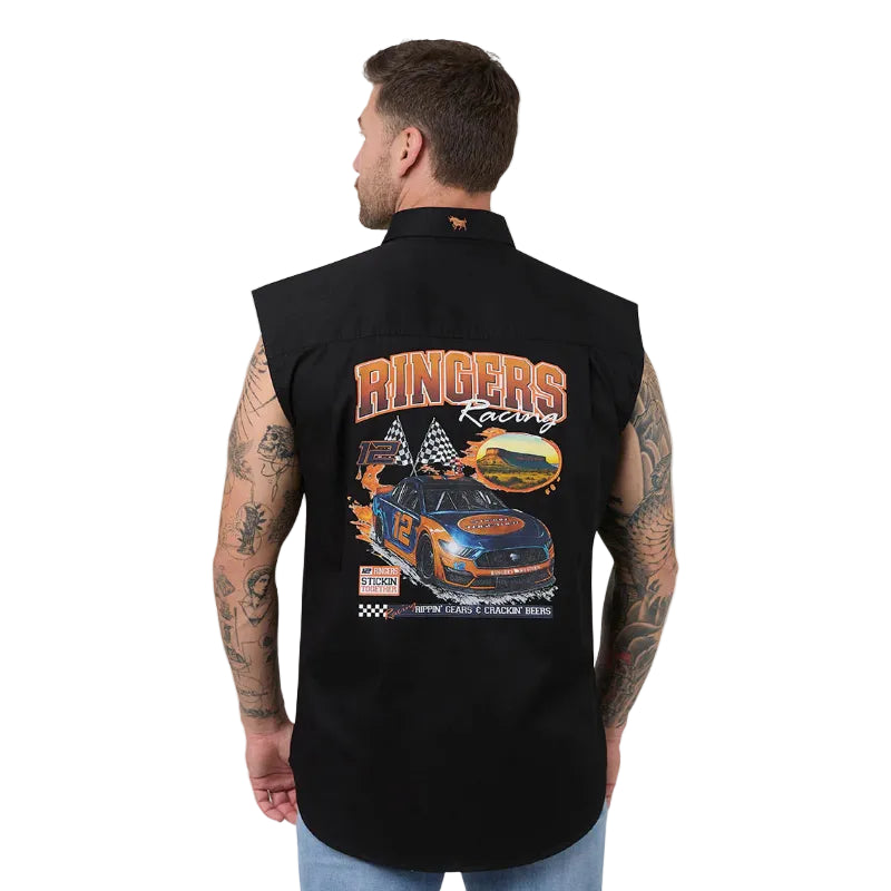 Man wearing a sleeveless black shirt with 'Ringers Racing' graphic on the back against a white background
