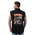 Man wearing a sleeveless black shirt with 'Ringers Racing' graphic on the back against a white background