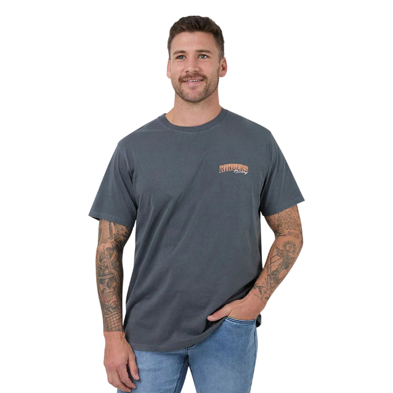 Man wearing a gray t-shirt with a logo on a white background