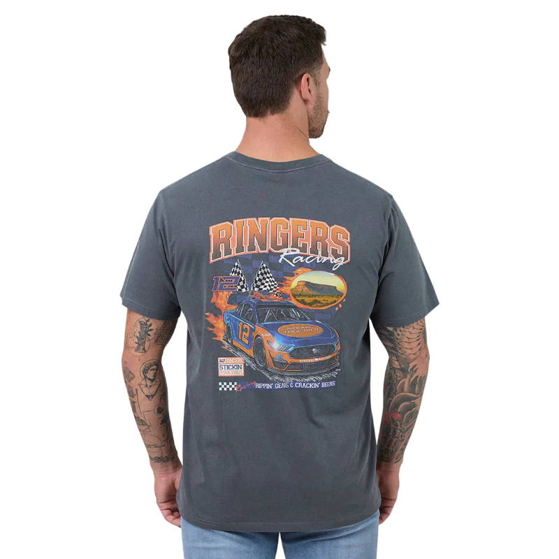 A man viewed from behind wearing a dark gray t-shirt with a large orange and blue 'Ringers Racing' graphic on the back, paired with blue jeans against a white background.