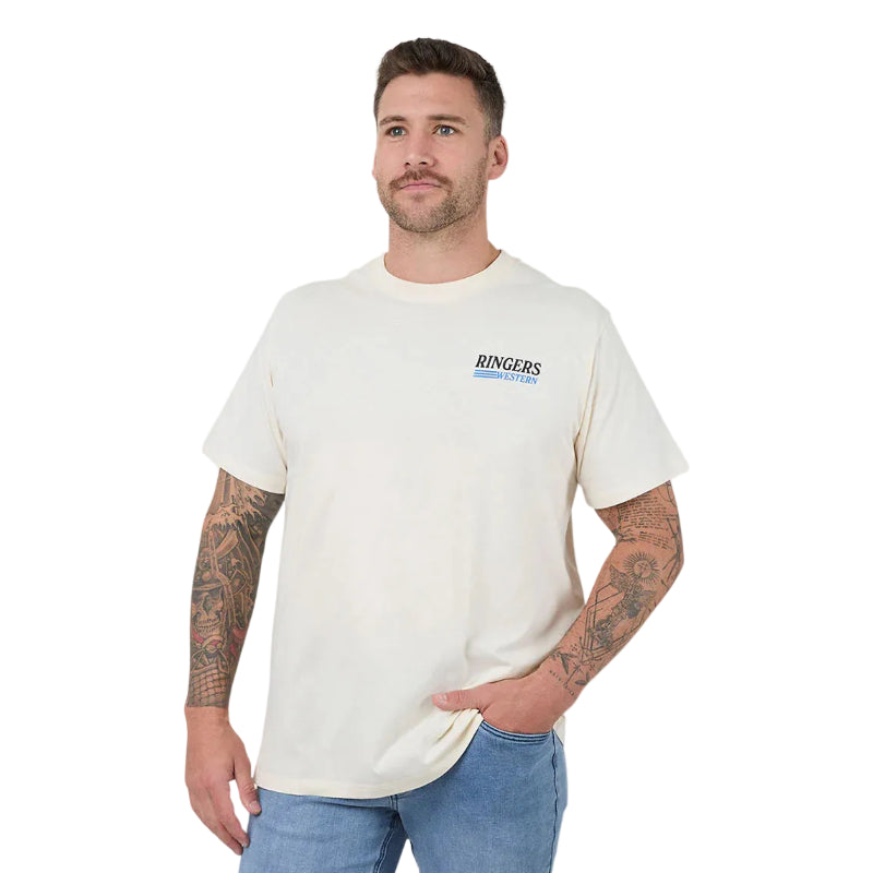 Man wearing a white t-shirt with 'Ringers' logo on a white background