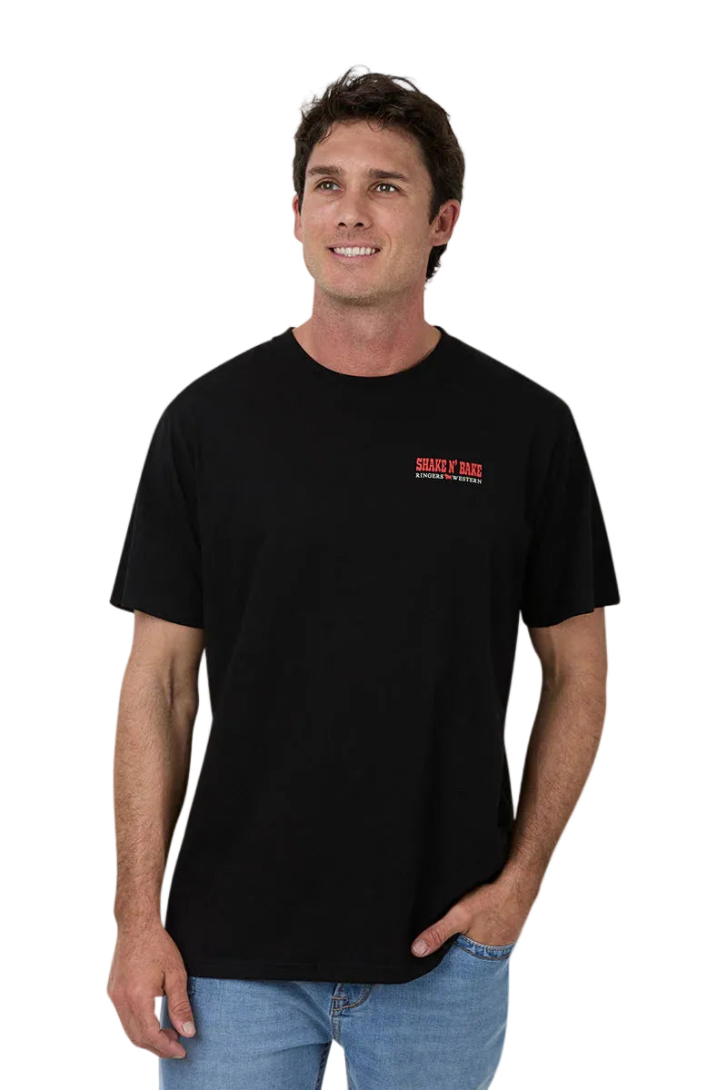 Man wearing a black t-shirt with text on a plain background