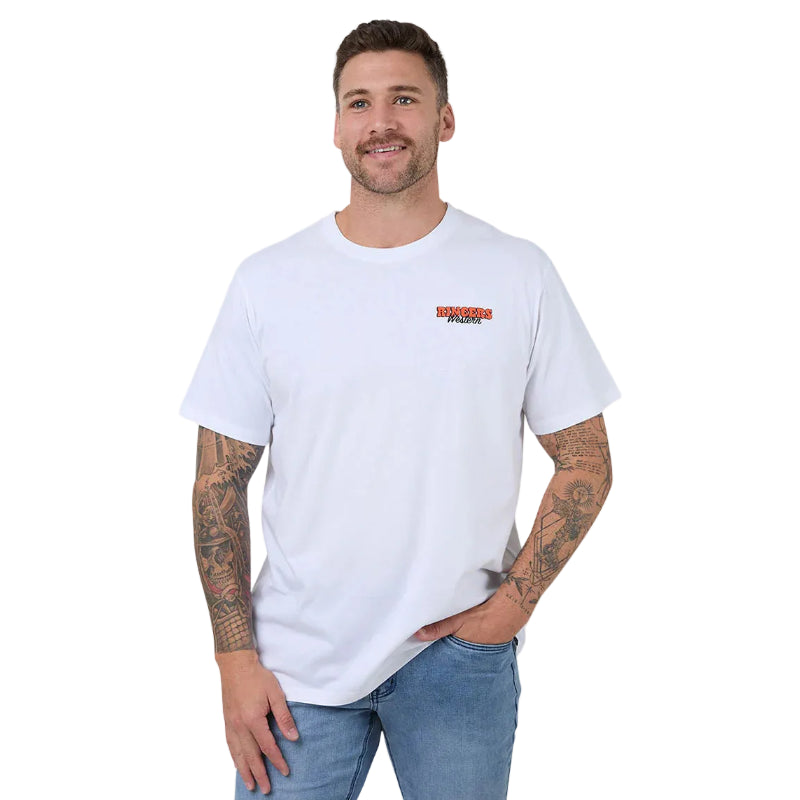 Man wearing a white t-shirt with a logo on a white background