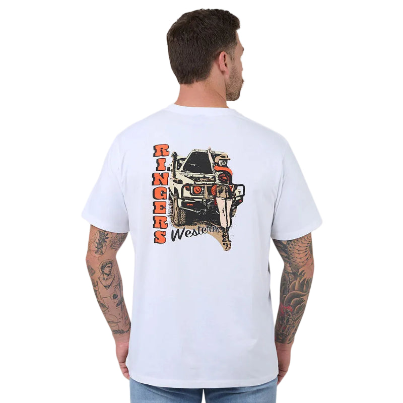 Man wearing a white t-shirt with a graphic design on the back, standing against a plain background.