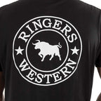 Close up back print detail of a Ringers Western Men's Signature Bull Loose S/S Tee (120201560) on a white studio background.