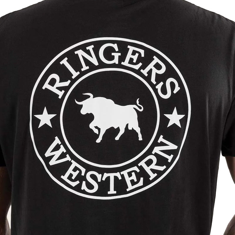 Close up back print detail of a Ringers Western Men's Signature Bull Loose S/S Tee (120201560) on a white studio background.