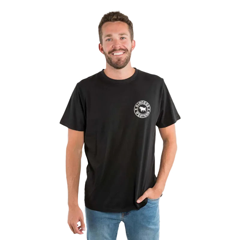 A man wearing a black Ringers Western Men's Signature Bull Loose S/S Tee (120201560) with a Ringers Western logo on the left chest, on a white studio background.