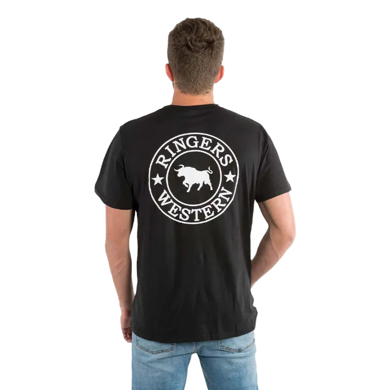 A man wearing a black Ringers Western Men's Signature Bull Loose S/S Tee (120201560) with a Ringers Western logo on the back, on a white studio background.