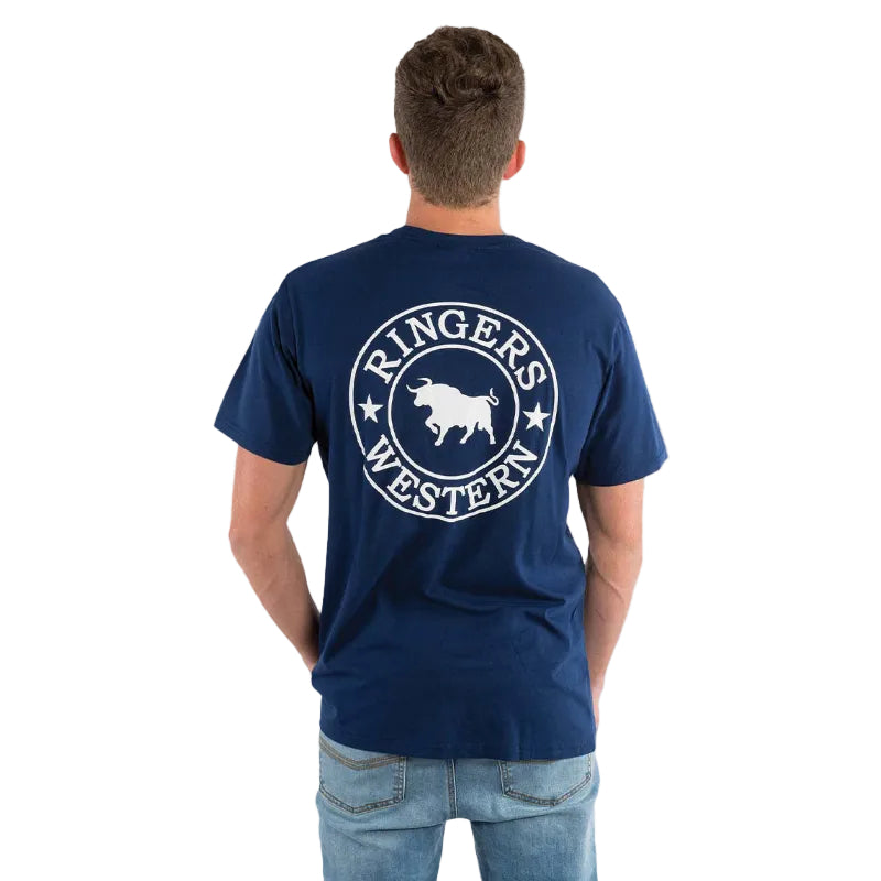 A man wearing a navy Ringers Western Men's Signature Bull Loose S/S Tee (120201560) with a Ringers Western logo on the back, on a white studio background.