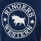 Close up detail of the back print on a navy Ringers Western Men's Signature Bull Loose S/S Tee (120201560).