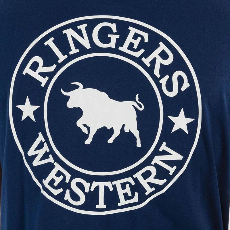 Close up detail of the back print on a navy Ringers Western Men's Signature Bull Loose S/S Tee (120201560).