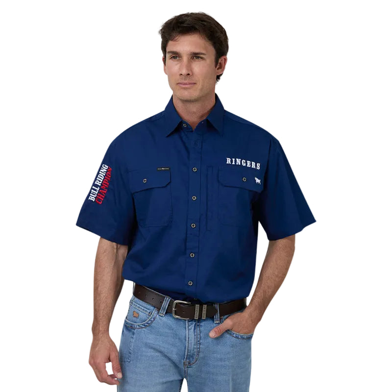 Man wearing a blue work shirt with 'Ringers' branding on a white background