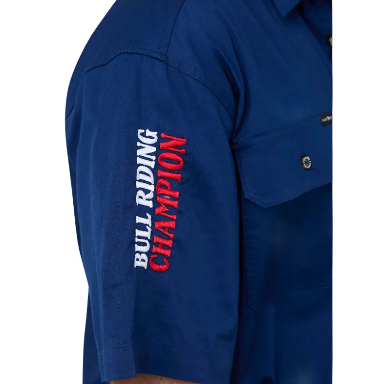 Blue shirt with 'Bull Riding Champion' text on the sleeve against a white background