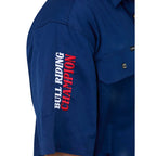 Blue shirt with 'Bull Riding Champion' text on the sleeve against a white background