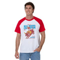 Man wearing a red and white tee with bull riding graphic and text