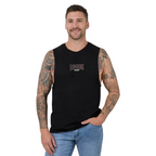 A man wearing a black sleeveless muscle tank top with a graphic on the chest, paired with light blue jeans, against a solid white background.