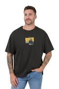Man wearing a black t-shirt with a graphic design on a white background